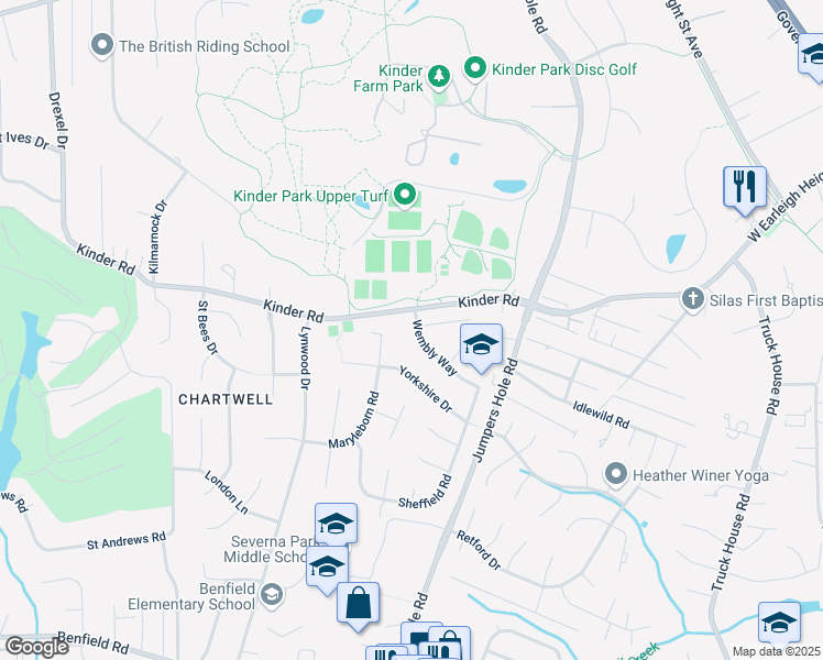 map of restaurants, bars, coffee shops, grocery stores, and more near 300 Wembly Way in Severna Park