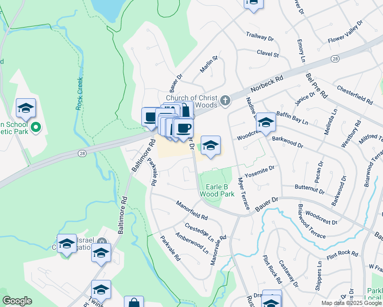 map of restaurants, bars, coffee shops, grocery stores, and more near 14628 Bauer Drive in Rockville