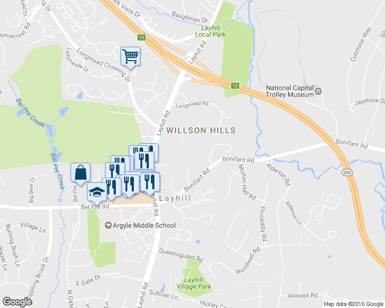 map of restaurants, bars, coffee shops, grocery stores, and more near 14507 Gilpin Road in Silver Spring