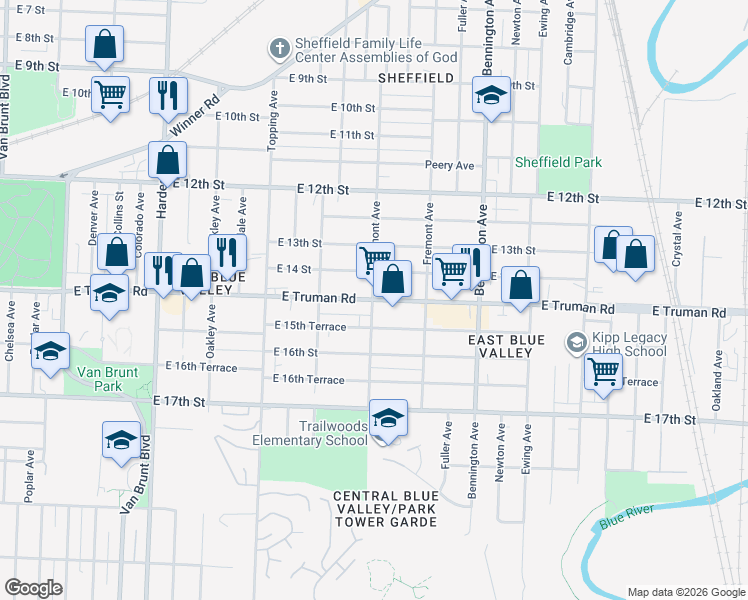 map of restaurants, bars, coffee shops, grocery stores, and more near East Truman Road in Kansas City