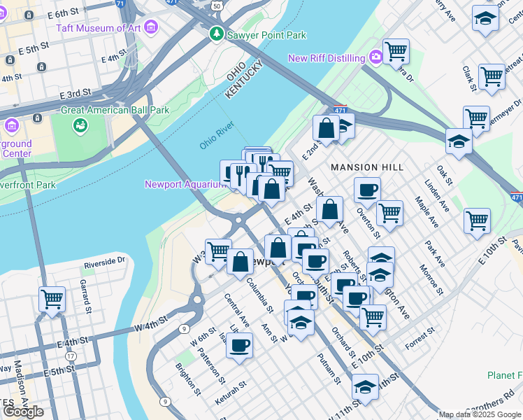 map of restaurants, bars, coffee shops, grocery stores, and more near 304 Monmouth Street in Newport