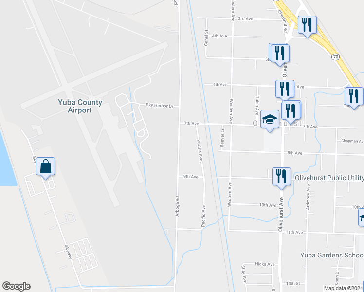 map of restaurants, bars, coffee shops, grocery stores, and more near 4835 Arboga Road in Olivehurst