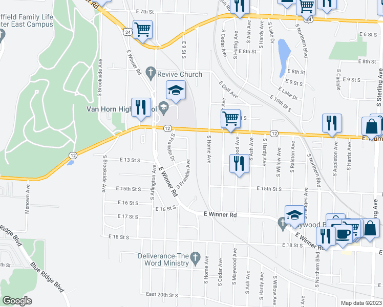 map of restaurants, bars, coffee shops, grocery stores, and more near 1313 South Franklin Avenue in Independence