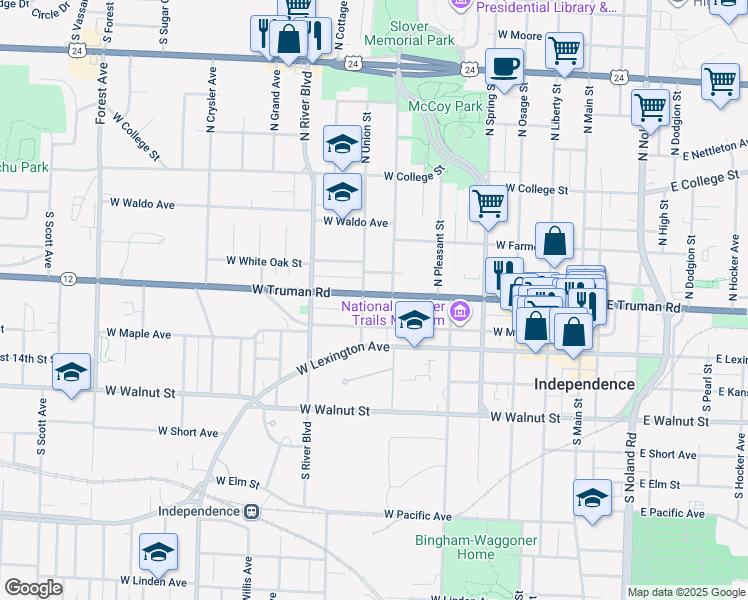 map of restaurants, bars, coffee shops, grocery stores, and more near 800 Missouri 12 in Independence
