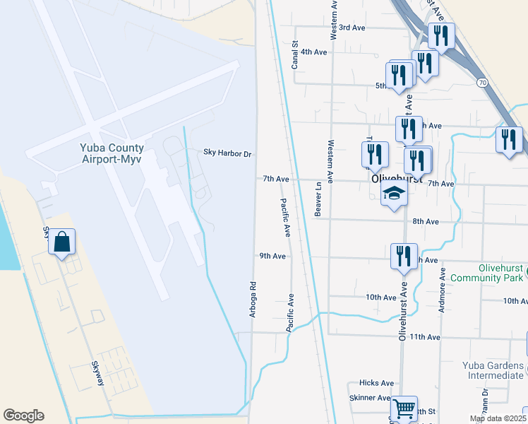 map of restaurants, bars, coffee shops, grocery stores, and more near 4835 Arboga Road in Olivehurst