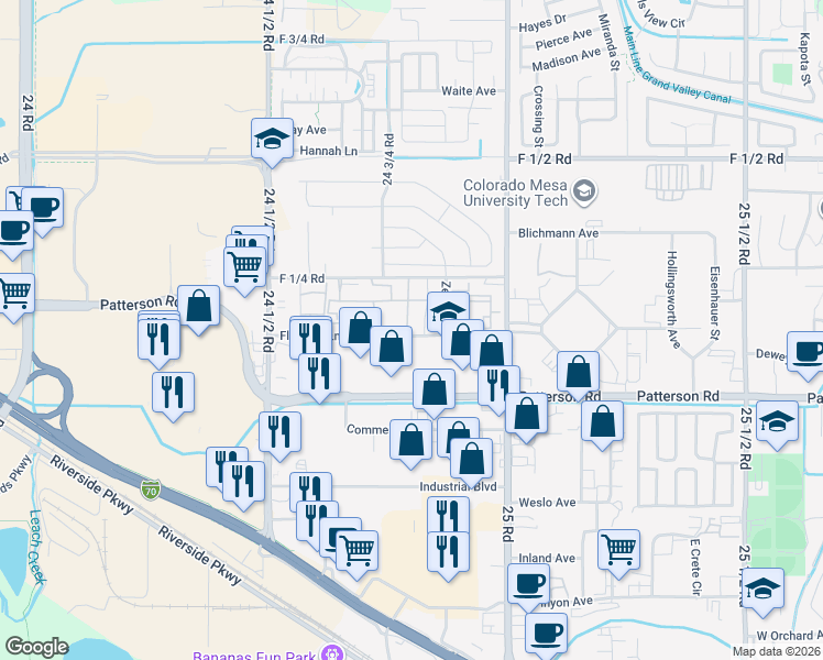 map of restaurants, bars, coffee shops, grocery stores, and more near 616 Mesa Canyon Lane in Grand Junction