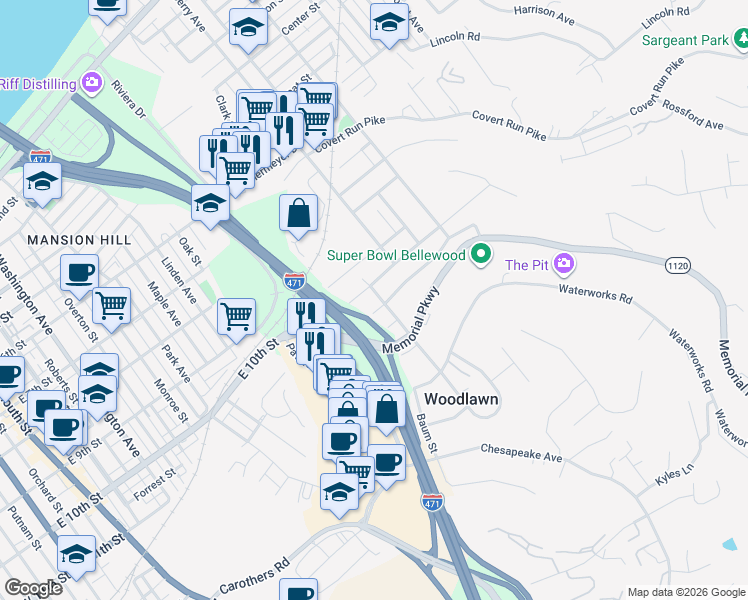 map of restaurants, bars, coffee shops, grocery stores, and more near 101 Bonnie Leslie Avenue in Bellevue