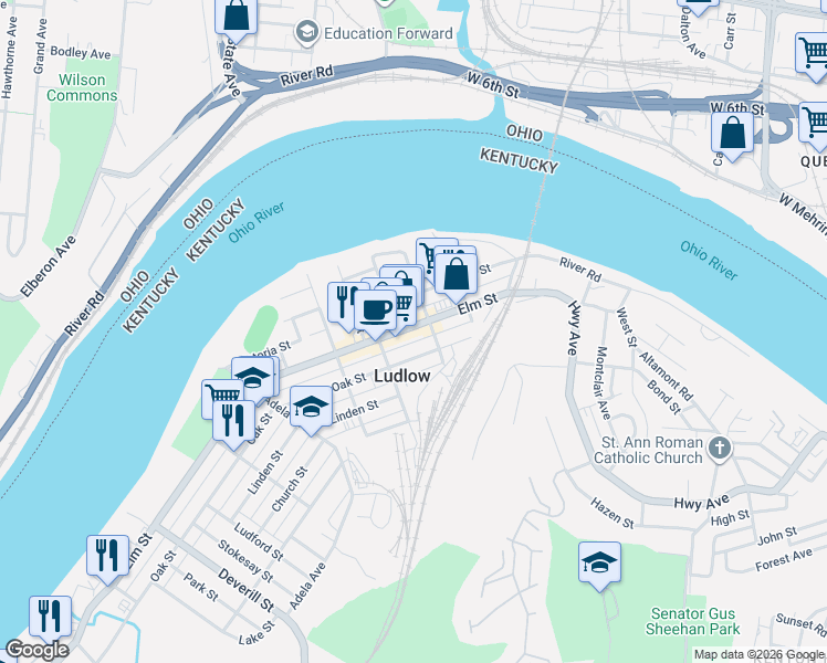 map of restaurants, bars, coffee shops, grocery stores, and more near 47 Euclid Street in Ludlow