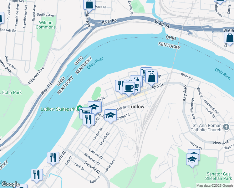 map of restaurants, bars, coffee shops, grocery stores, and more near 33 Kenner Street in Ludlow