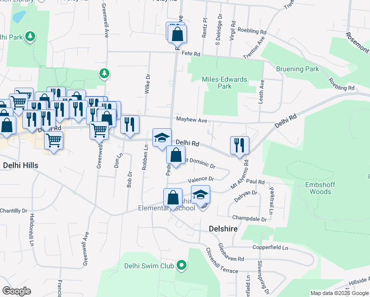 map of restaurants, bars, coffee shops, grocery stores, and more near 4440 Delhi Pike in Cincinnati