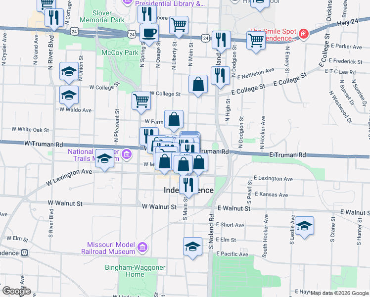 map of restaurants, bars, coffee shops, grocery stores, and more near 105 West White Oak Street in Independence