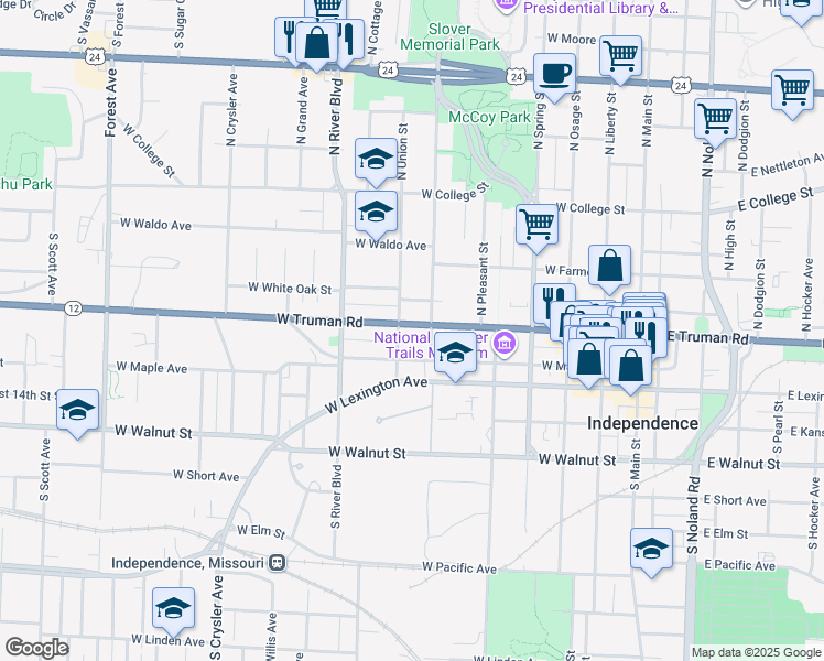 map of restaurants, bars, coffee shops, grocery stores, and more near 800 Missouri 12 in Independence