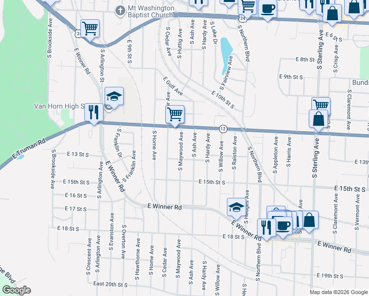 map of restaurants, bars, coffee shops, grocery stores, and more near 1218 South Ash Avenue in Independence