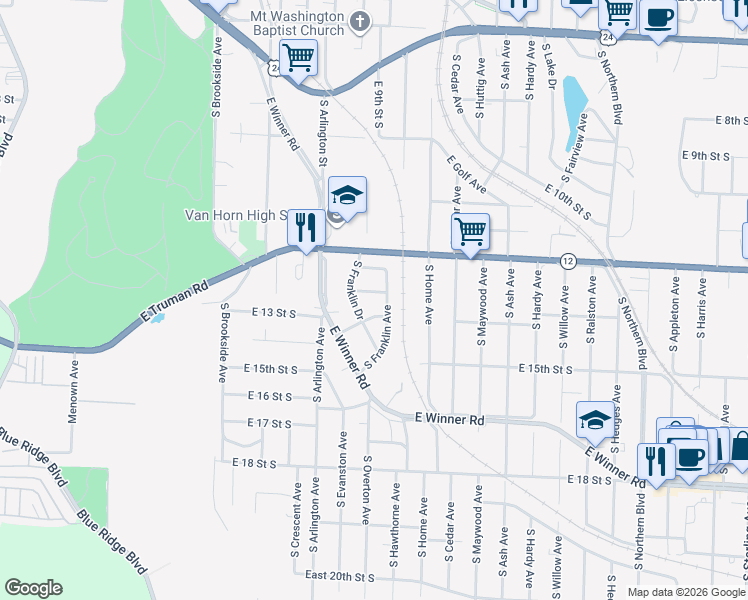 map of restaurants, bars, coffee shops, grocery stores, and more near 9716 East 13 Street South in Independence