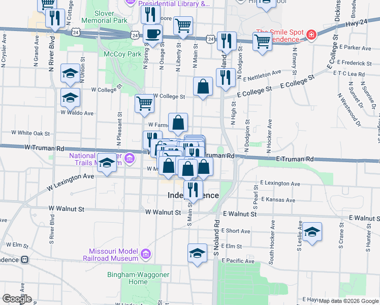 map of restaurants, bars, coffee shops, grocery stores, and more near 105 West White Oak Street in Independence