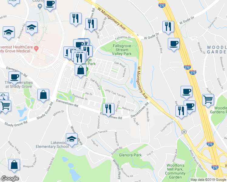map of restaurants, bars, coffee shops, grocery stores, and more near 412 Long Trail Terrace in Rockville