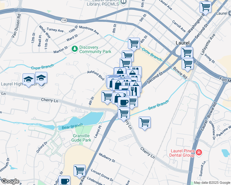 map of restaurants, bars, coffee shops, grocery stores, and more near 14799 4th Street in Laurel