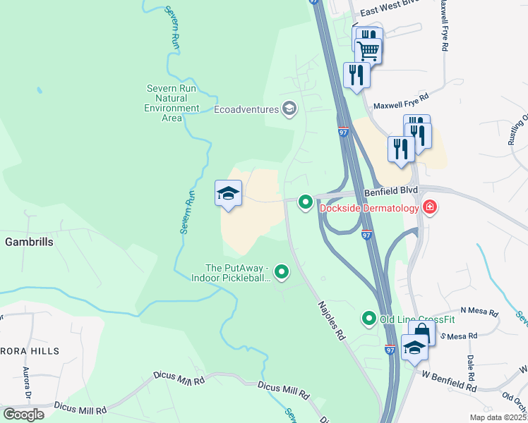 map of restaurants, bars, coffee shops, grocery stores, and more near 1111 Benfield Boulevard in Millersville