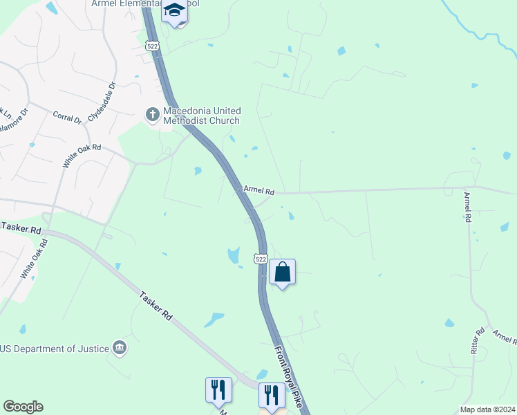map of restaurants, bars, coffee shops, grocery stores, and more near 2573 Front Royal Pike in Winchester
