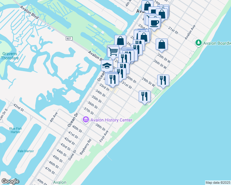 map of restaurants, bars, coffee shops, grocery stores, and more near 3219 Dune Drive in Avalon