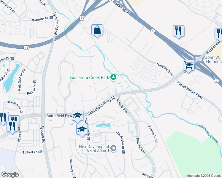 map of restaurants, bars, coffee shops, grocery stores, and more near 439 Nikki Terrace Southeast in Leesburg