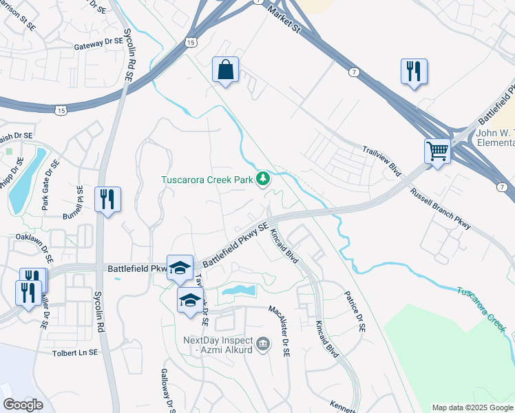 map of restaurants, bars, coffee shops, grocery stores, and more near 439 Nikki Terrace Southeast in Leesburg