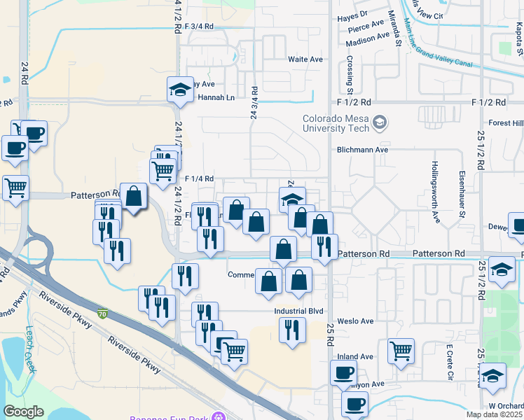 map of restaurants, bars, coffee shops, grocery stores, and more near 615 Canyon Vista Way in Grand Junction