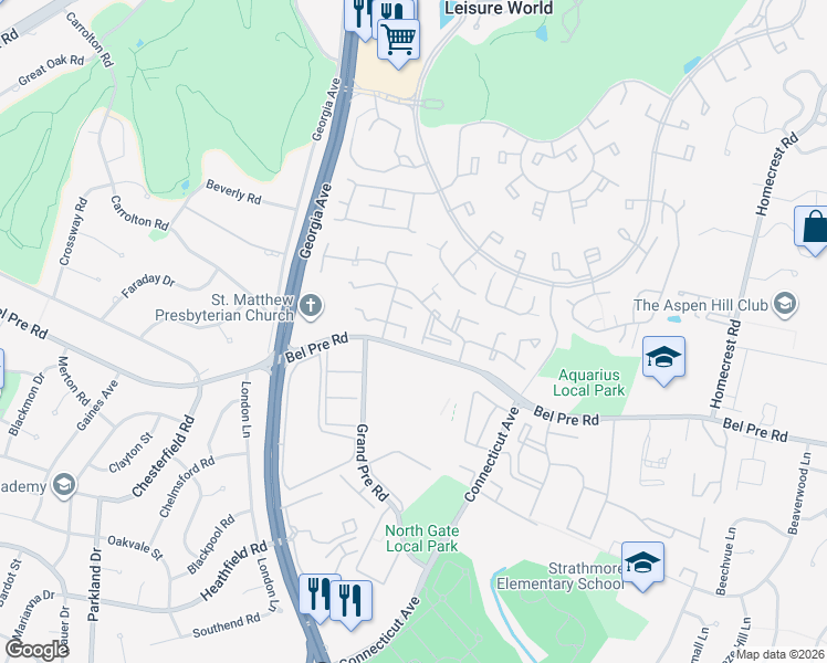 map of restaurants, bars, coffee shops, grocery stores, and more near 3719 Gawayne Terrace in Silver Spring