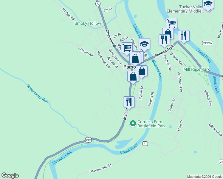 map of restaurants, bars, coffee shops, grocery stores, and more near Battle St in Parsons
