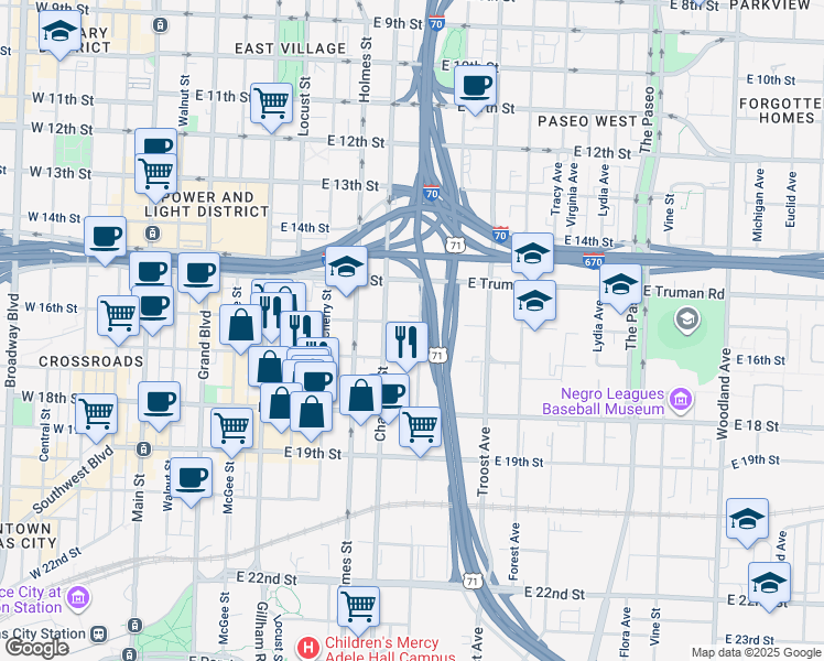 map of restaurants, bars, coffee shops, grocery stores, and more near 814 East 16th Street in Kansas City