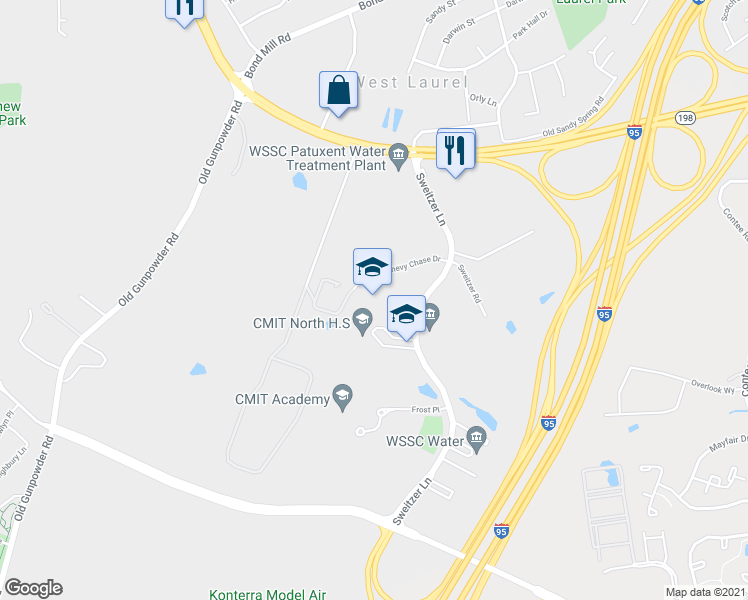map of restaurants, bars, coffee shops, grocery stores, and more near 6151 Chevy Chase Drive in Laurel