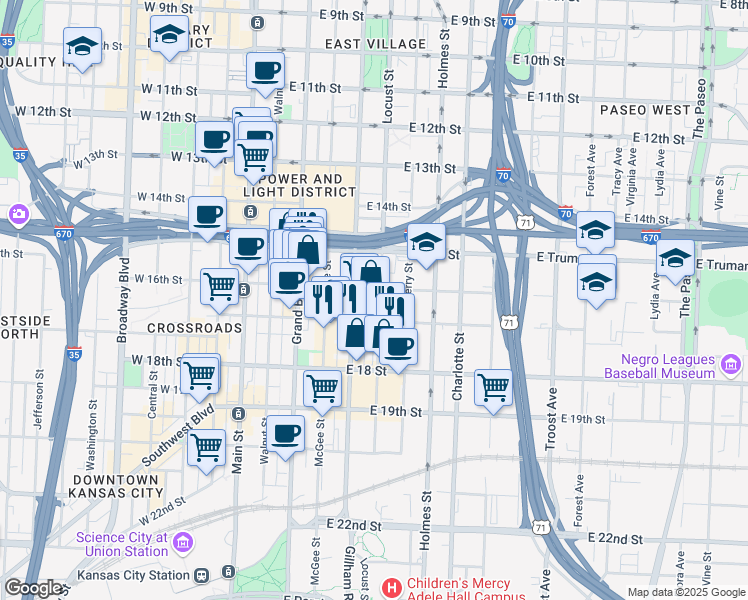 map of restaurants, bars, coffee shops, grocery stores, and more near 1530 Locust Street in Kansas City
