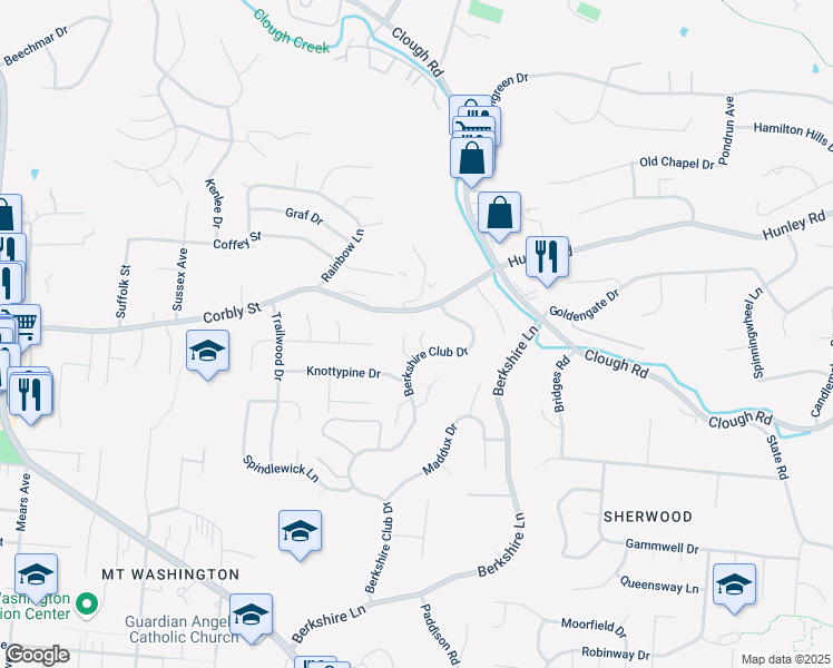 map of restaurants, bars, coffee shops, grocery stores, and more near 2105 Berkshire Club Drive in Cincinnati