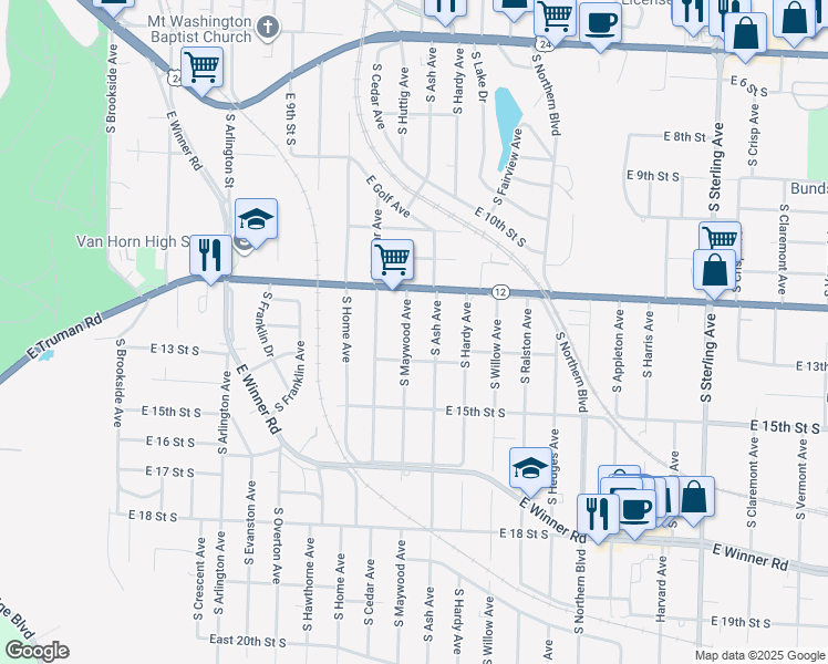 map of restaurants, bars, coffee shops, grocery stores, and more near 1218 South Ash Avenue in Independence