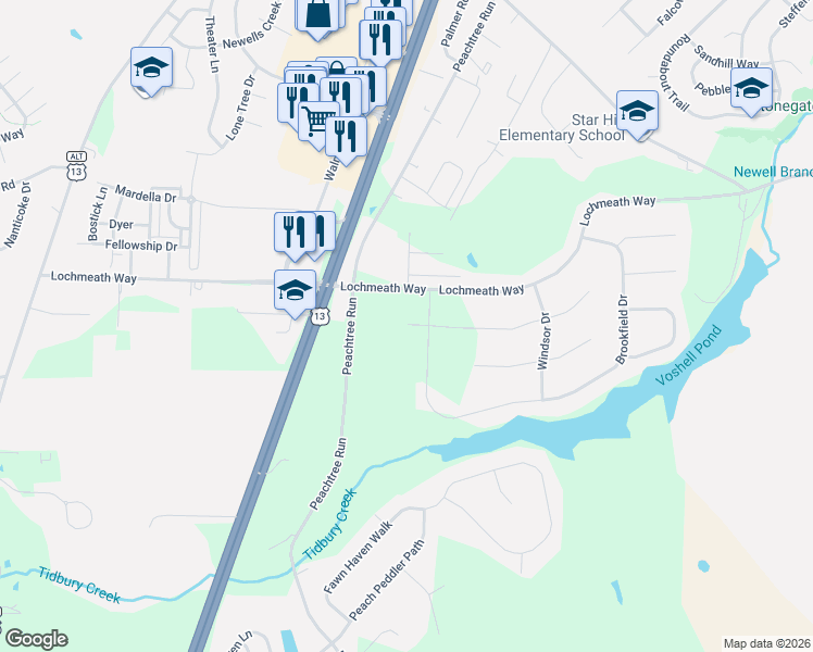 map of restaurants, bars, coffee shops, grocery stores, and more near 668 Lochmeath Way in Dover