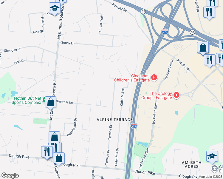 map of restaurants, bars, coffee shops, grocery stores, and more near 4385 Terrace Drive in Cincinnati