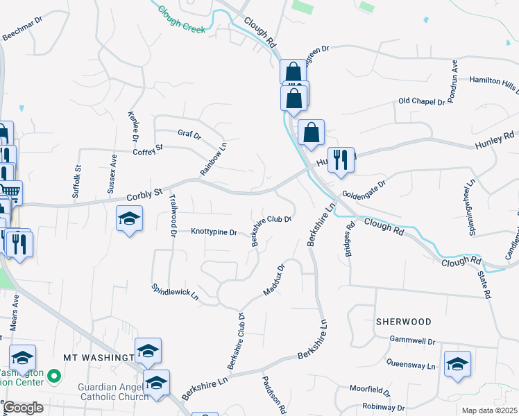 map of restaurants, bars, coffee shops, grocery stores, and more near 2105 Berkshire Club Drive in Cincinnati