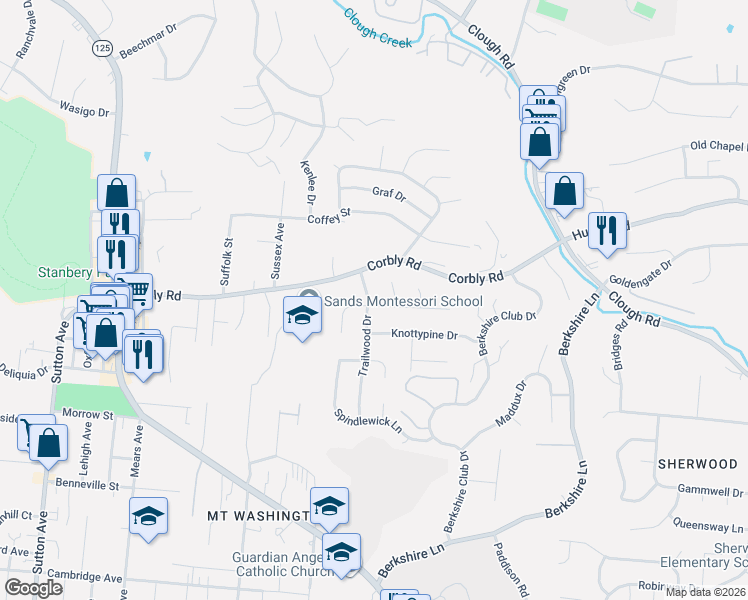 map of restaurants, bars, coffee shops, grocery stores, and more near 2173 Trailwood Drive in Cincinnati