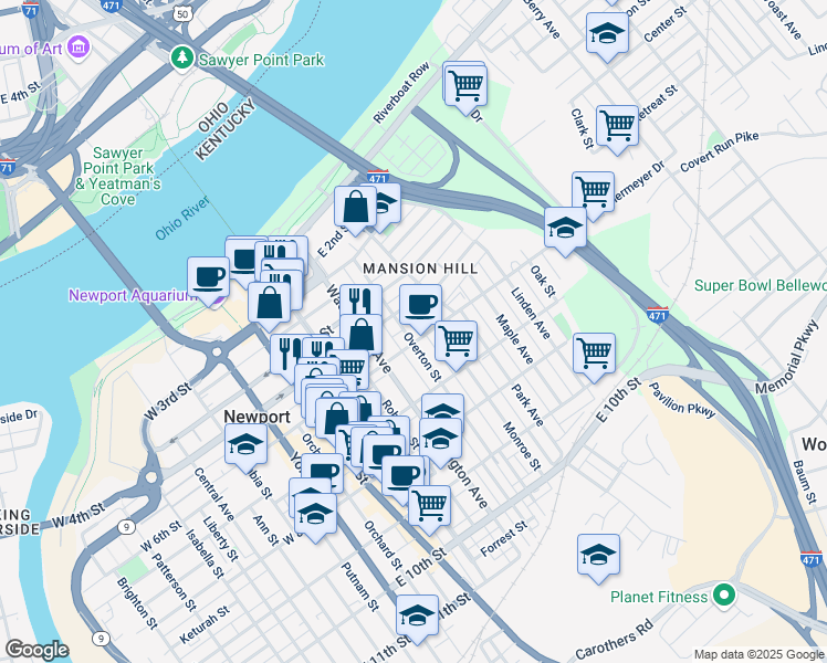 map of restaurants, bars, coffee shops, grocery stores, and more near 521 Monroe Street in Newport