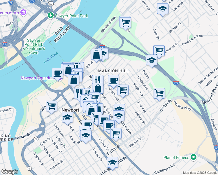 map of restaurants, bars, coffee shops, grocery stores, and more near 402 East 5th Street in Newport