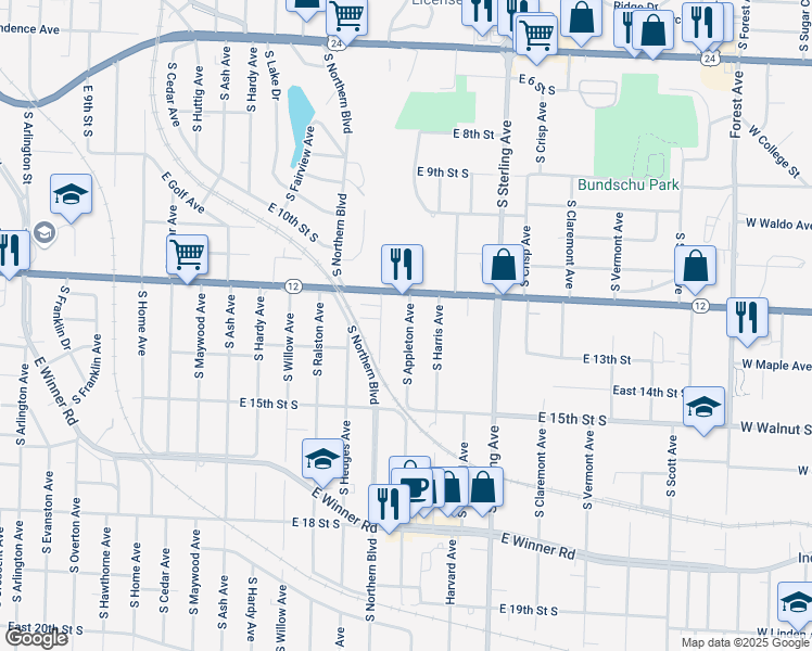 map of restaurants, bars, coffee shops, grocery stores, and more near 1223 South Appleton Avenue in Independence