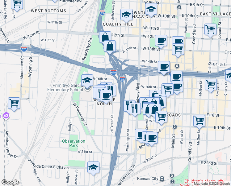 map of restaurants, bars, coffee shops, grocery stores, and more near 1625 Jefferson Street in Kansas City