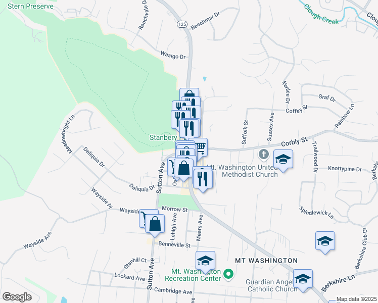 map of restaurants, bars, coffee shops, grocery stores, and more near Beechmont Ave & Corbly St in Cincinnati