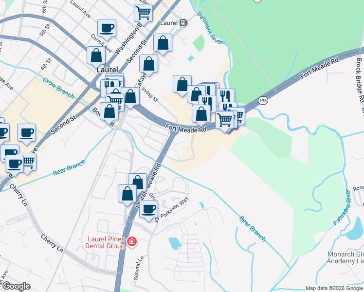 map of restaurants, bars, coffee shops, grocery stores, and more near 200 Fort Meade Road in Laurel