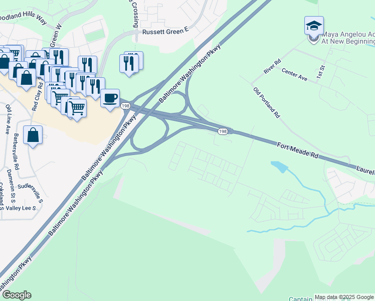 map of restaurants, bars, coffee shops, grocery stores, and more near 1354 Crested Wood Drive in Laurel