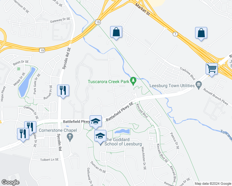 map of restaurants, bars, coffee shops, grocery stores, and more near 206 Lawson Road Southeast in Leesburg