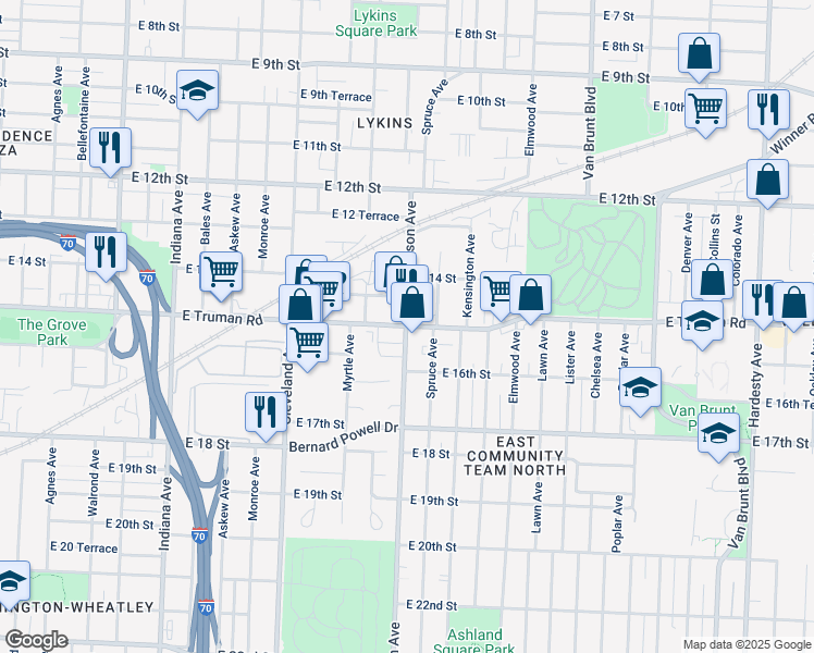 map of restaurants, bars, coffee shops, grocery stores, and more near E Truman Rd & Jackson Ave in Kansas City