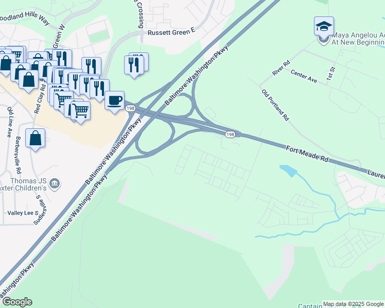 map of restaurants, bars, coffee shops, grocery stores, and more near 1354 Crested Wood Drive in Laurel