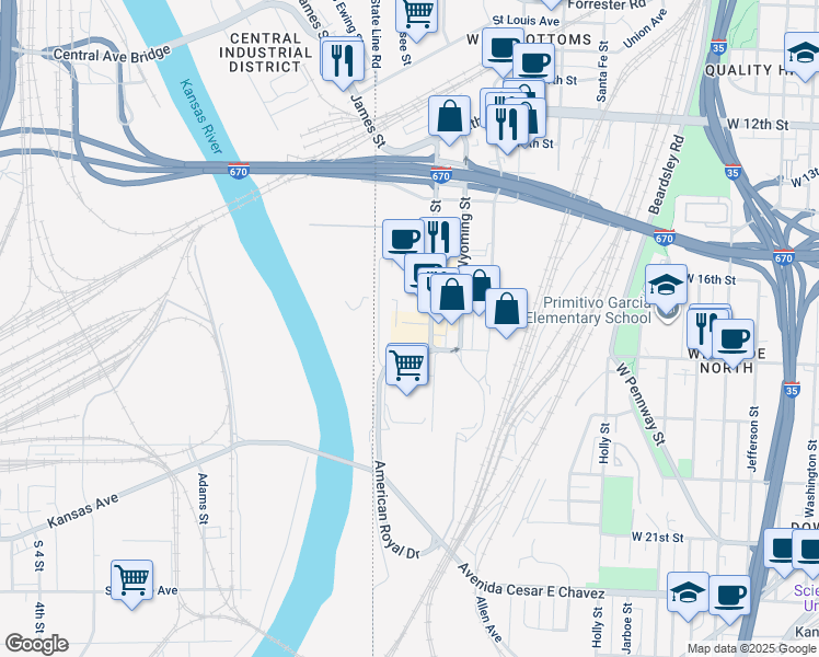 map of restaurants, bars, coffee shops, grocery stores, and more near 1660 Genessee Street in Kansas City