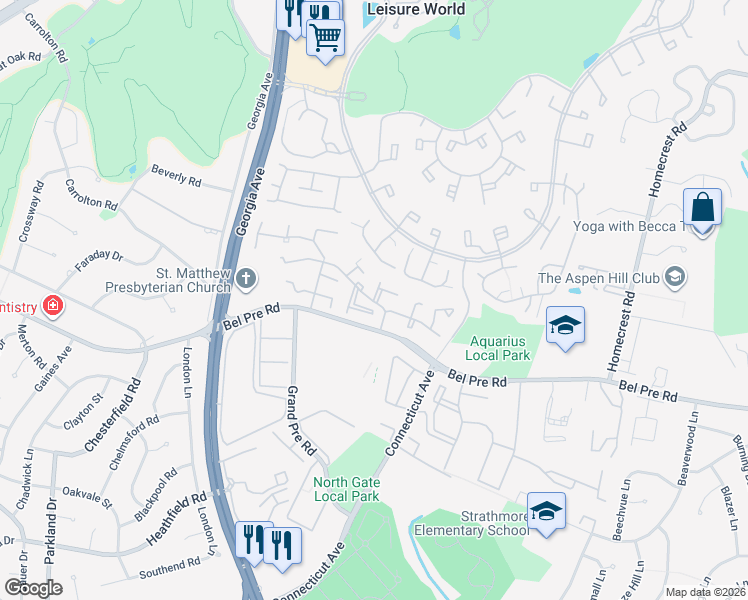 map of restaurants, bars, coffee shops, grocery stores, and more near 4 Dunsinane Court in Silver Spring